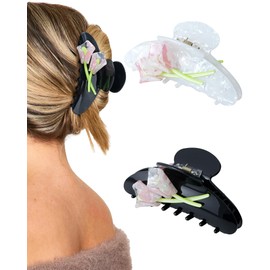 Mesovor 2 Pack Tulip Flower Acrylic Hair Claws, Nonslip 4.1" Large Hair Grip Hairclips for Thin and Thick | French Banana Barrettes Hair Clips Strong Hold Jaw Clamps (Black, White)