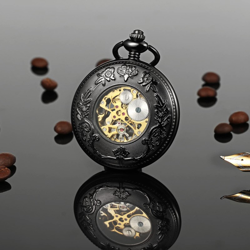 TREEWETO Mechanical Skeleton Pocket Watch Lucky Phoenix & Dragon Hollow