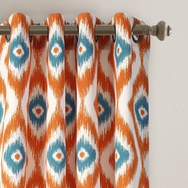Lush Decor Diamond Ikat Curtains - Geometric Pattern Print Room Darkening Window Panel Set for Living, Dining, Bedroom (Pair), 84” x 52”, Turquoise Orange