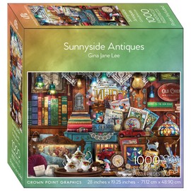 Crown Point Graphics Sunnyside Antiques Puzzle - 1000 Piece Jigsaw Puzzle for Adults - Antique Shop Jigsaw Puzzle with Vintage Books and Hidden Objects - Artist Gina Jane Lee