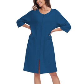ANLIQI Womens Robes Knee Length 100% Cotton Bathrobes for Women Soft&Lightweight Housecoats Zipper Robes with Pockets(Blue,2XL)