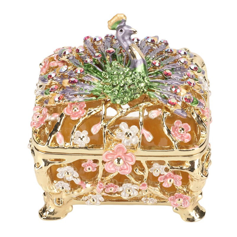 Peacock Trinket Boxes Hand Painted Finish Exquisite Beautiful Rhinestones Hinged