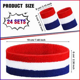 72 Pcs Bulk Striped Sweatband Set Include 24 Pcs Sweat Absorbing Striped Headbands and 48 Pcs Sweatbands Wristbands Cotton Athletic Sweat Bands for Men Women Gym Sports Workout (Red, White, Blue)
