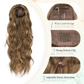 SOFEIYAN Drawstring Ponytail Extension 24 Inch Wavy Curly Clip on Hairpiece Comb Clip in Ponytail Extensions Layered Fluffy Thick Pony Tails Hair Extension Synthetic Hairpieces for Women-Blonde/Brown