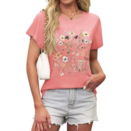 LETSEE Womens Vintage Floral Shirts Cute Crew Neck Boho Graphic Tees Short Sleeve Casual Tops Dark Pink S