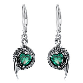 LONAGO Dragon Earrings for Women 925 Sterling Silver Black Dragon with Birthstone Heart Cut Earrings, Sterling Silver, Cubic Zirconia