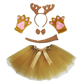 Petitebelle Headband Bowtie Tail Gloves Tutu 5pc Girl Costume 1-5y (Brown Xmas Reindeer)