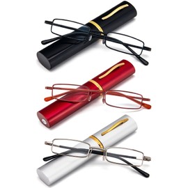 REAVEE 3 Pack Slim Pen Reading Glasses Small Tube Stylish Readers for Women Men Spring Hinged with Portable Clip Case, Black Red Silver 2.75