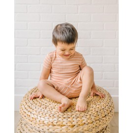 moimoln Ribbed Stripe Pajamas Viscose Snug-Fit Baby Toddler Boys Girls Sleepwear Short Blanco Camel 12-18m