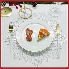 Famibay Silver Placemats Set of 6 Washable Round Christmas Place Mats Heat Resistant Table Placemats Vinyl Table Mats for Dining Kitchen Restaurant Table