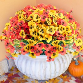 SITUMEIZI Artificial Fall Flowers Faux Mums for Outdoor, 12 Bundles Fake Flower Pansy Silk UV Resistant Faux Plants No Fade for Front Door Porch Garden Yard Patio Outside Autumn Decor(Orange & Yellow)