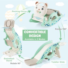 FUTADA 4 in 1 Toddler Slide Rocking Toy, Convertible Freestanding Slide with Basketball Hoop, Ring Toss Game, Rocking Horse, Foldable Climber Slide for Indoor Outdoor Play, Gift for Kids (Green)