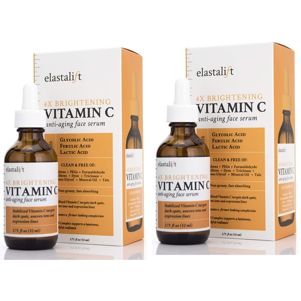 Elastalift Vitamin C Facial Serum For Age Spots, Wrinkles, & Expression Lines. Anti-Aging Face Serum W/Vitamin C & Hyaluronic Acid Brightens Skin To Promote Healthier Skin Complexion (2-Pack)