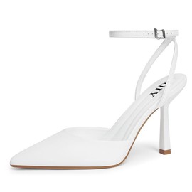 QIY QIY White Closed Toe Stiletto Heels (Sandal, Size 7.5, Pumps) - Faux Leather High Heels with Ankle Strap, Slingback, and Buckle for Women's Formal Occasions