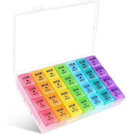 ALL4US® - Pillendose mit italienischer Aufschrift – Pillendose 7 Tage mit 28 Fächern, großer Druck für ältere Menschen, täglicher Organizer für Pillen, kompakt und tragbar für Reisen