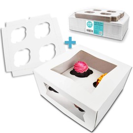 [18 Boxes and 18 Trays Pack] 8x8x4 Inch White Cupcake Box with Window and Inserts - Holds 4 Muffins, Auto-Popup Cardboard, Bakery and Gift Packaging, Containers for Cakes, Donuts, Cookies and Pastries