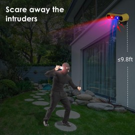 HULPPRE Solar Outdoor Motion Sensor Alarm-13 Sounds Including Dog Barking&Gunshot,2 * 130db Loud Noise Maker,4 Modes,Red&Blue Motion Activated Strobe Light,Say Goodbye to The Intruders