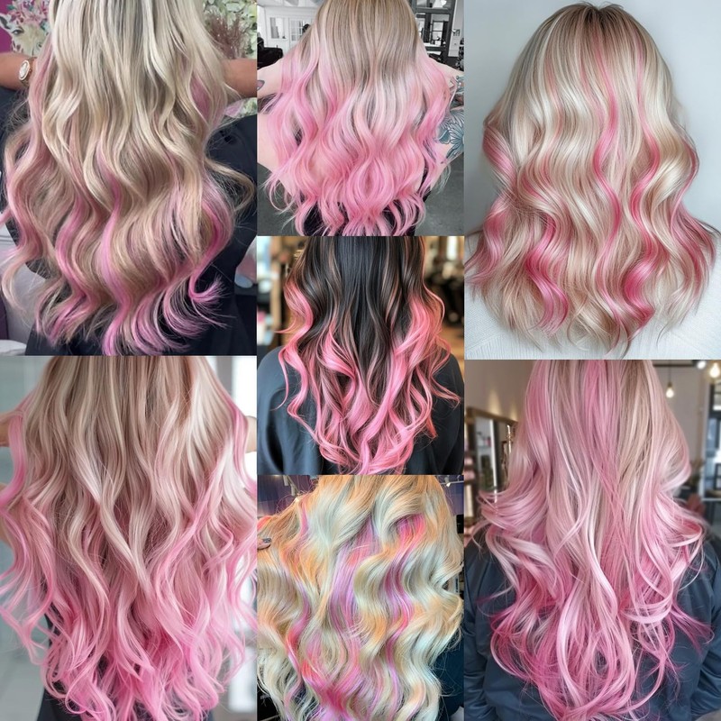 16 Pcs Pink Hair Extensions Curly Wavy Clip in Synthetic