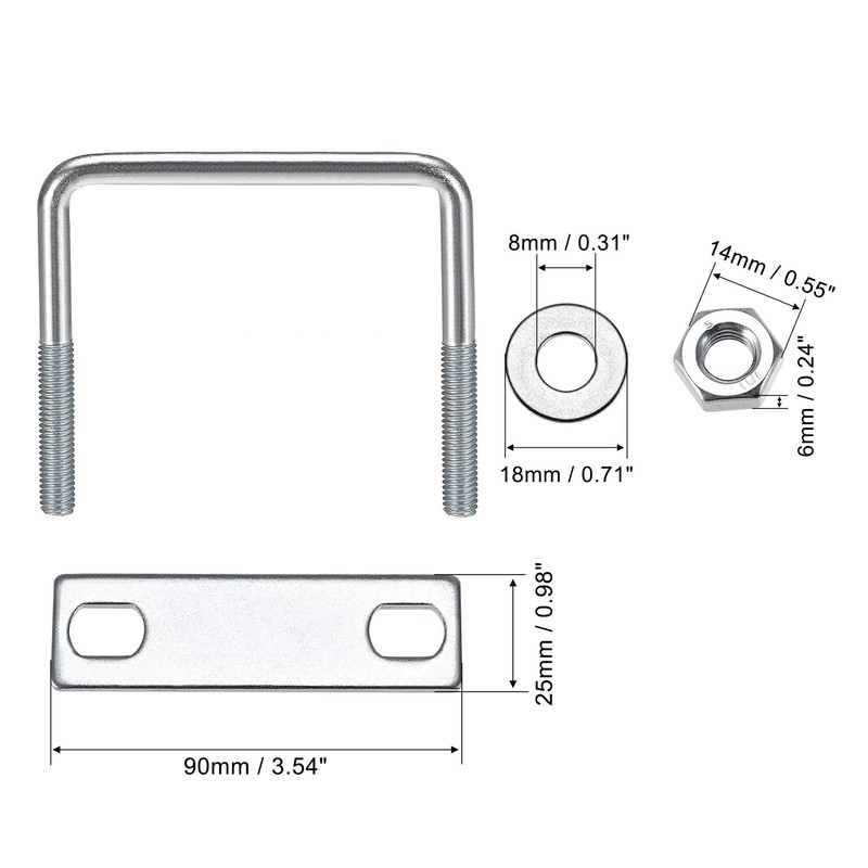 sourcing map Square U-Bolts 2-3/8"(60mm) Inner Width 100mm Length Carbon