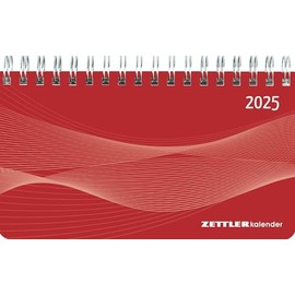 Zettler - Horizontal Calendar Mini 2025 Red, 15.6 x 9 cm, Office Calendar with 128 Pages, 1 Week on 2 Pages, Daily and Week Counting, Monthly Overview, Spiral Bound and International Calendar