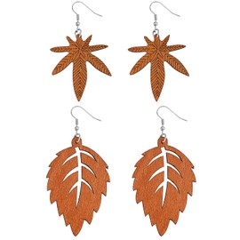 Gleamart Lightweight Wood Drop Earrings 2 Pairs Natural Wooden Dangle Earrings Set for Women Leaf Earrings