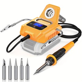 Portable 20V Max soldering station: 212-932°F adjustable temp, fast heat, digital display. 6 tips, clamp for DIY repairs (no battery). Compact plastic tool.