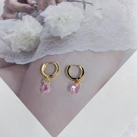 Cute Teardrop CZ Dangle Drop Cartilage Small Huggie Hoop Earrings for Women Minimalist 925 Sterling Silver Post 18K Gold Plated Birthstone Crystal Charm Sleeper Hoops Dainty Hypoallergenic Jewelry Gifts for Valentines Day Xmas (Light Pink)