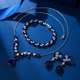 EleQueen Wedding Bridal Jewelry Set for Brides Bridesmaids, Sparkle Cubic Zirconia Teardrop Necklace Dangle Earrings Bracelet Sets for Party Prom Sapphire Color