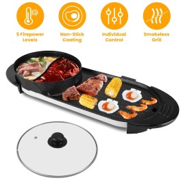 iMounTEK 2 in 1 Electric Grill and Hot Pot Cooker with Lid BBQ Grill Smokeless Non-stick