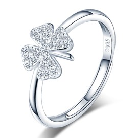MICGIGI Women's Adjustable Ring 925 Sterling Silver Finger Ring Cubic Zirconia Four Leaf Clover Design Open Ring, Silver