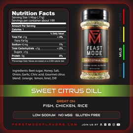Sweet Citrus Dill - Feast Mode Flavors - Low Sodium, No MSG, Gluten Free, Natural, Meal Prep Seasoning, Healthy, Fish, Chicken, Rice, Zesty, Tangy, Taco-seasoning