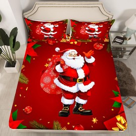 Erosebridal Santa Claus Fitted Sheet Deep Pocket Twin for Kids, Boys Girls Merry Christmas Bedding Set Children Xmas Tree Bed Sheet Snowflake New Year Gift Bed Sets with 1 Pillow Case, Red