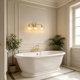 Watyo Bathroom Light Fixtures Gold Vanity Light 3 Light Wall Sconces Lighting Brushed Brass Lights with Crackle Globe Glass Shades Bath Wall Lamp for Mirror Kitchen Living Room Bedroom Hallway