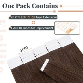 Elailite Tape-In Real Hair Extensions, 20 Pieces (1.5 g/pcs) Hair Extensions, Real Human Hair, Glue #4, Medium Brown
