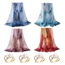 COACOM 4 x Chiffon Scarves, 4 x Silk Scarf Buckles, Fashionable Women's Chiffon Scarf, Soft Printed Silk Scarf, Elegant Vintage Silk Scarf, Lightweight Neck Scarf, red