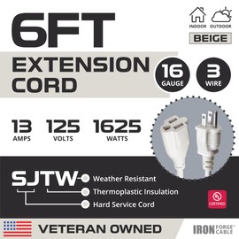 Iron Forge Cable 6 ft Beige Outdoor Extension Cord - 16/3 SJTW 6ft Extension Cord 3 Prong, 13 Amp All-Weather Heavy Duty Power Cable for Indoor or Outdoor Use - UL Certified