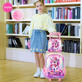 TXHVO 3Pcs Rolling Backpack for Girls, Kids Unicorn Roller Bookbag with Wheels, Sequin Wheeled Backpacks Set for Elementary Toddler(Pink)