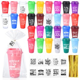 Jinei 30 Pack Nurse Appreciation Gifts, 16 oz Plastic Tumblers Bulk, Thank You Coffee Cups, Multicolor Reusable Water Bottle with Cards and Bags for Nurse Week Women Graduation Holiday Gifts(Elegant)