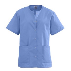 Medline AngelStat Ladies Jewel Neck Snap Front Scrub Top, Large, Ceil Blue