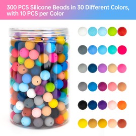 BESKIT 300 PCS Silicone Beads, Bulk 15mm Silicone Beads for Keychain, Bracelet, Necklace, and Pens Making 30 Colors Loose Round Silicone Beads for DIY Crafting