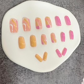 24Pcs Press on Nails Short Square Fake Nails Yellow Full Cover Acrylic Glue on Nails Swirl False Nails with Designs DIY Manicure Supplies for Women Girls