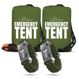 CloudTen Survival Tent 2 Pack: Emergency Tent with Green Tarp, Survival Whistle, Paracord Rope Plus a Paracord Survival Bracelet. Functions as Survival Tarp, Bivy Tent & Emergency Mylar Tube Tent!