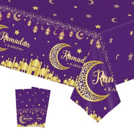 COSORO 2pcs Purple Gold Eid Al-fitr Table Cloth Eid Ramadan Mubarak Tablecloths,137 * 274cm Eid Decorations Moon Star Tablecover Plastic Tablecloth for Ramadan Umrah Mubarak Islam Muslim Decoration