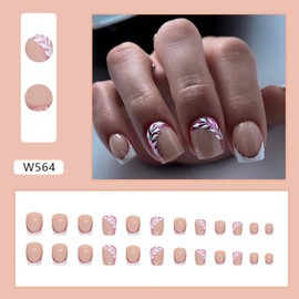 Vezocim Press on Nails Coffin with Leaf Designs, 24Pcs Artificial Short Nude Square Fake Nails French Tips, Glossy Full Cover Acrylic White Leaves False Nails, Stick on Fingernails for Women (W564)