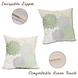 WOFOLE Sage White Green Pillow Covers 18x18 Inch Gray Dahlia Flower Print Throw Pillow Covers Outdoor Decor Linen Cushion Case for Home Living Room Sofa Couch Bed, Set of 2