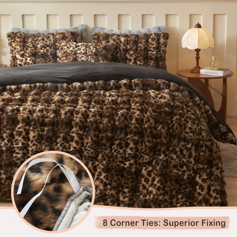 LIFEREVO Cheetah Print Soft Faux Rabbit Fur Duvet Cover Set