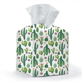 Tissue Box Cover, Tissue Box Holder, Square with Belt Bottom, PU Leather Decorative Organizer for Desk, Tabletop, Countertop Bathroom, Toilet Car, Office, Dresser Bedside, Aesthetic Cactus Decor