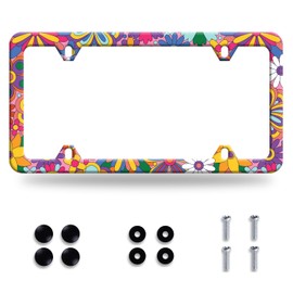 Hippie Flowers License Plate Frame Cute Floral License Plate Colorful Stainless Steel Rust-Proof Funny Auto Parts Beautiful License Plate Cover Decoration With Holes Screws Size 12.3" x 6.3" Men Women