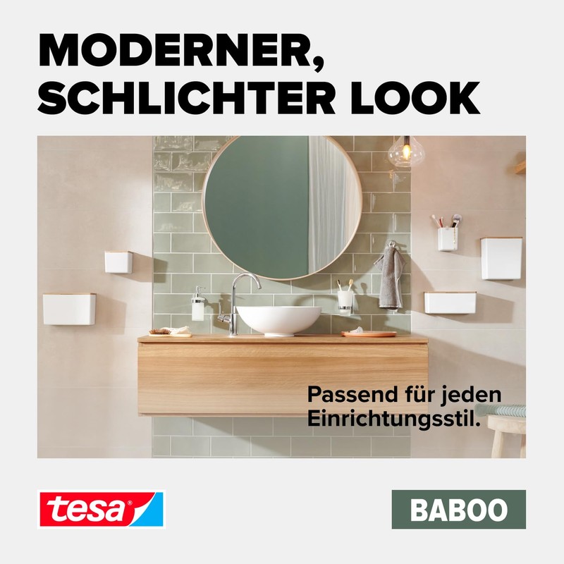 tesa Baboo L Bathroom Organiser with Bamboo Lid, Matt White,