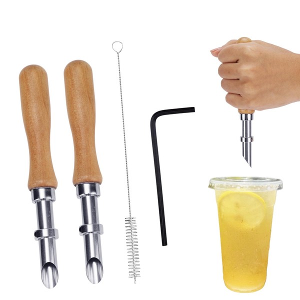 2pcs Plastic Lids Straw Puncher, Wooden Handle Circular Punching Tools